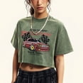 thumbnail image 2 of Women's Cotton Crop Top T-Shirt With Motor Racing Print Short Sleeve Distressed Washed Tee, 2 of 6