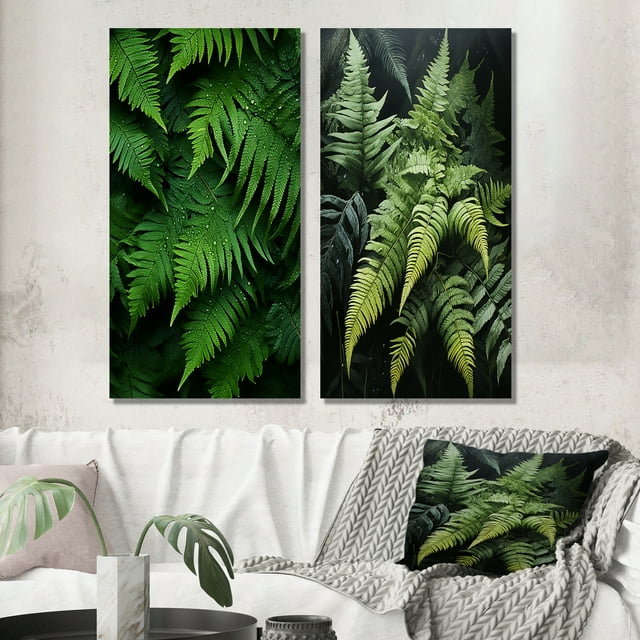 Designart "Enchantment with Ferns I" Ferns Wall Art Set Of 2 - Green Floral Gallery Set For Office Decor