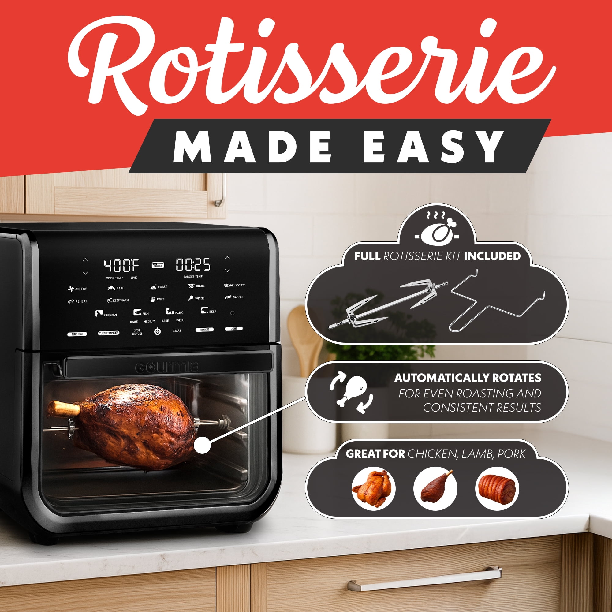Gourmia All-in-One 14-Quart Air Fryer, Oven, Rotisserie, Dehydrator with Temperature Probe, Black