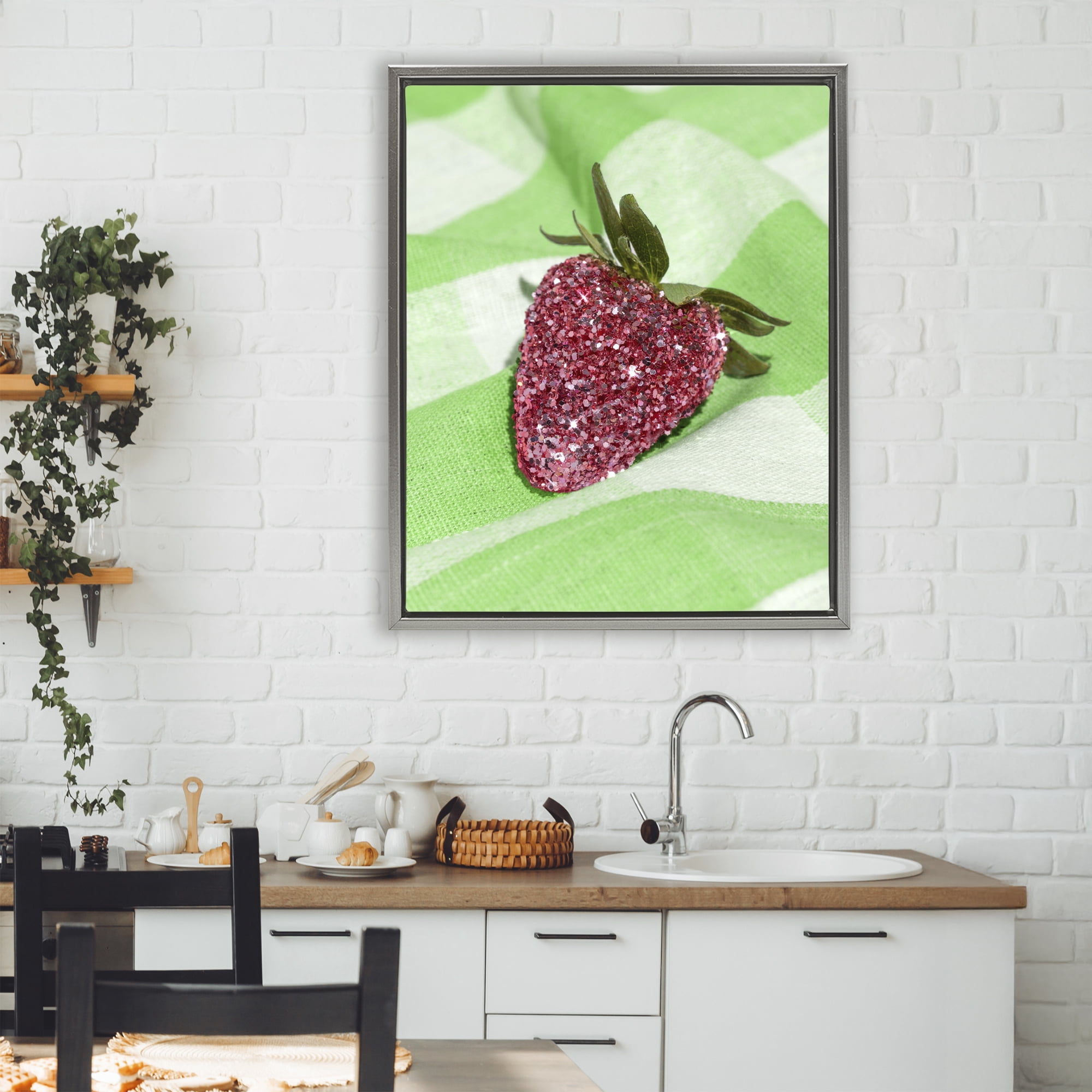 Stupell Industries Glimmer Strawberry on Green Gray Framed Floater Canvas Wall Art, design by LISH Creative