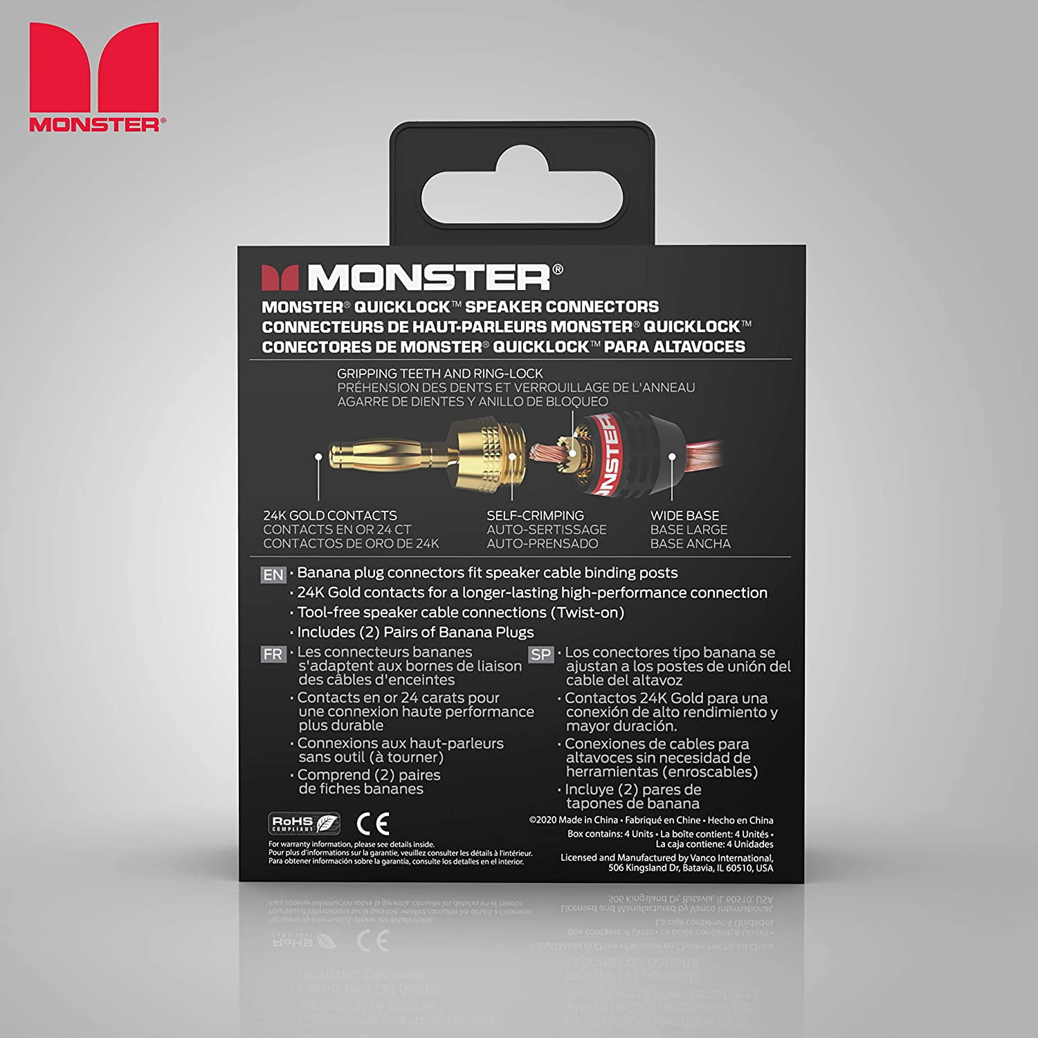 Monster XP QuickLock Connectors - Best Banana Speaker Wire Plugs for DIY Installations - 2 Pair (4 Total)