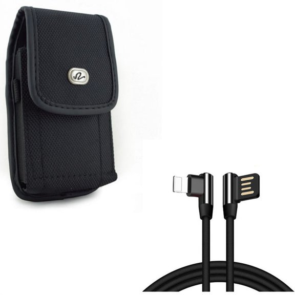 Angle USB Cable w Case Belt Clip for iPhone XR - 10ft Charger Cord Power Wire Sync, Rugged Holster Canvas Cover Pouch Compatible With iPhone XR