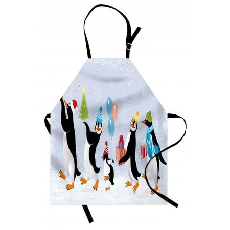 Jetboil Group Cooking System - Christmas Apron Group of Cute Penguins in Caps Walking on Snow with Surprise Christmas Presents, Unisex Kitchen Bib Apron with Adjustable Neck for Cooking Baking Gardening, Multicolor, by Ambesonne