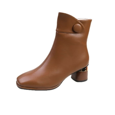 

Booties For Women Womens Winter Boots Women s Fashion Retro Boots Chunky Heel High-Heels Square Toe Mid Calf Boots Brown