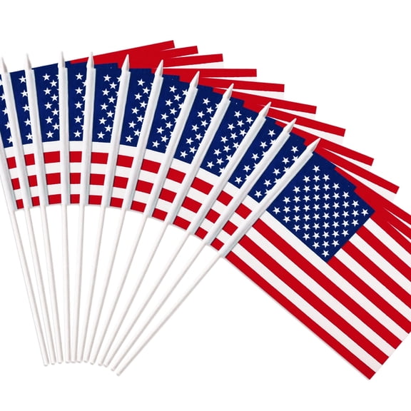 Vruelia USA United States Mini Flag 12 Pack - Hand Held Small Miniature American US Flags on Stick - 5x8 Inch with Solid Pole & Spear Top