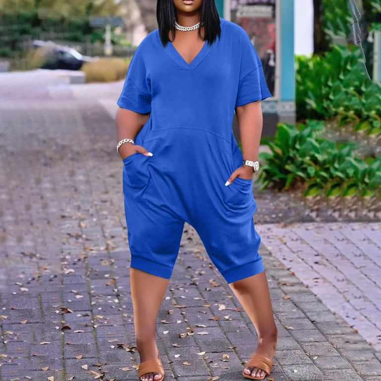 Difdany Women s Pretty Garden Jumpsuit Short Sleeve Zipper Overalls With Pockets Wide Long Jumpsuits Dressy Plus Size Blue 4XL Walmart
