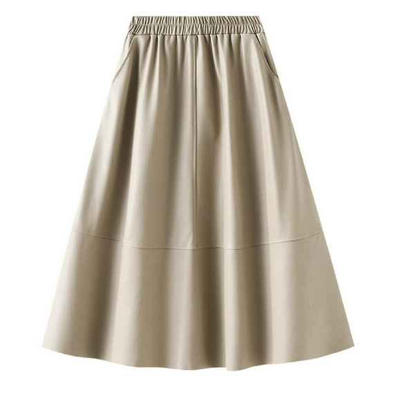Tfken Summer Skirts For Women Solid Color Elastic Waist A Line Leather Skirts With Pockets Trendy Daily Wear Female Classic Clothes Beige