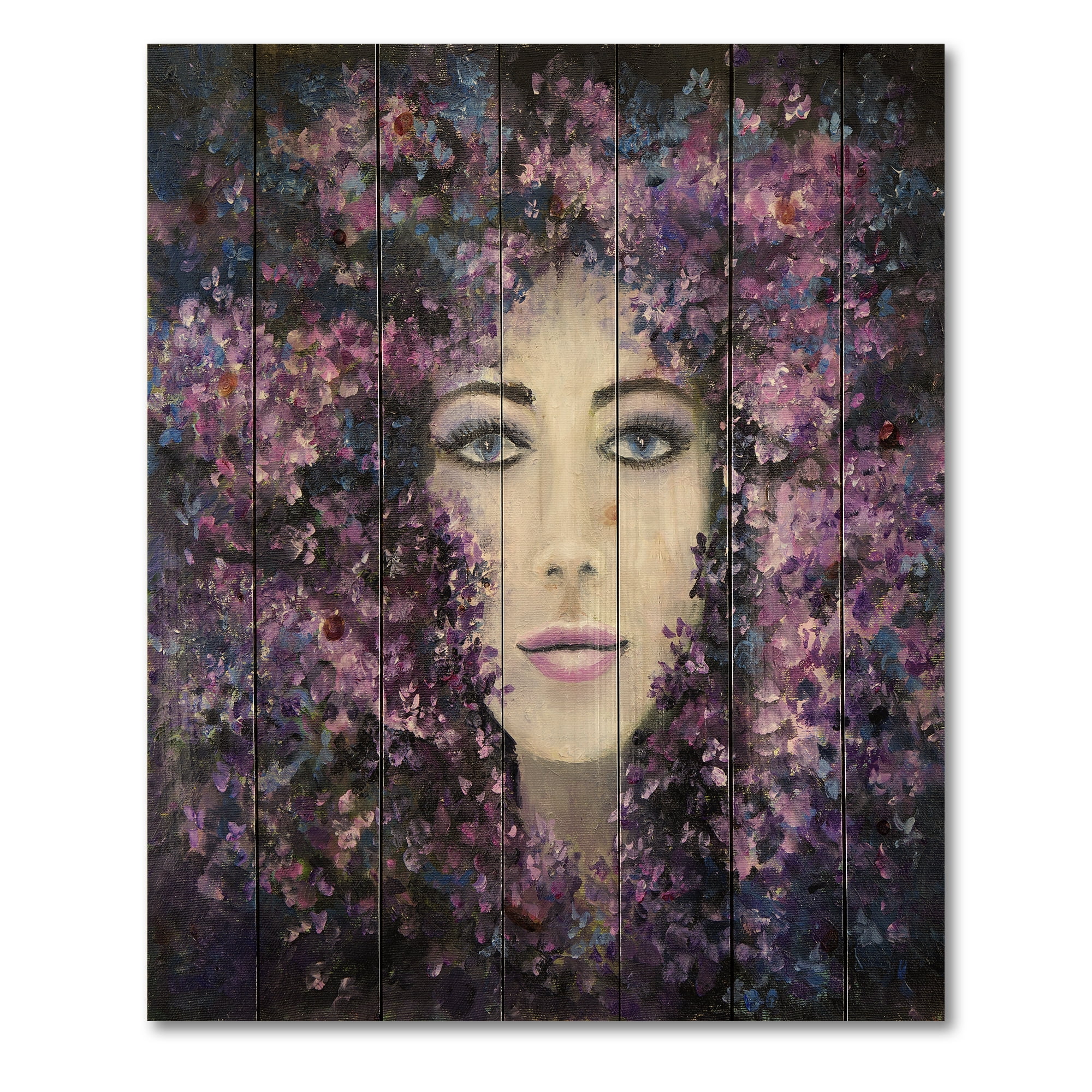 Designart 'Portrait of A Lady With Purple Lavender Flowers' Modern Print on Natural Pine Wood
