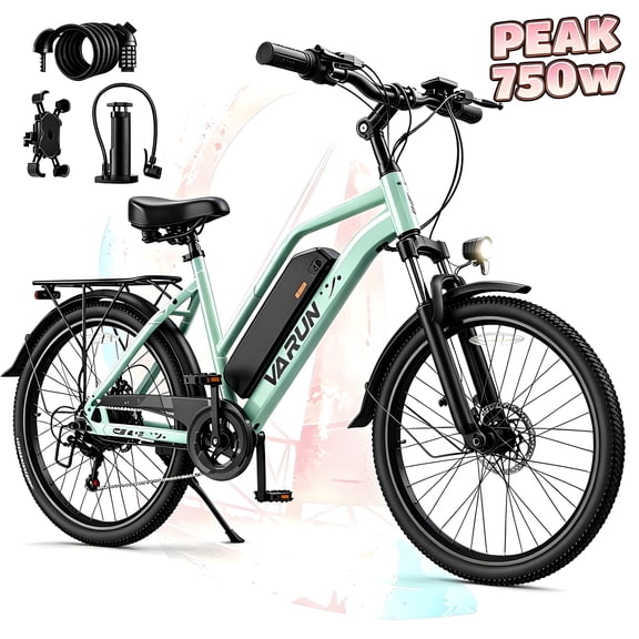 Electric Bike, 24" EBike with 750W Peak Motor, 48V 374.4Wh Removable Battery, 20 MPH, 7-Speed Gears, Includes Bike Pump, Phone Holder & Bike Lock - Light Green, UL2849