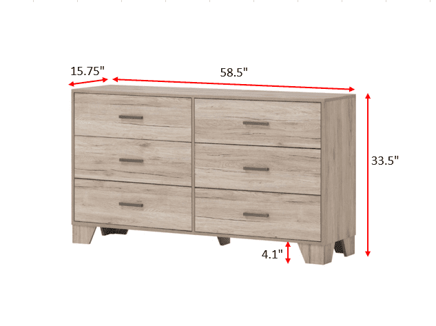 Home Design Lewes 6-Drawer Double Dresser, Light Oak, Easy Assembly