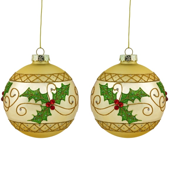 Northlight Glittered Holly and Berries Christmas Glass Ball Ornaments - 4" - Gold - Set of 2