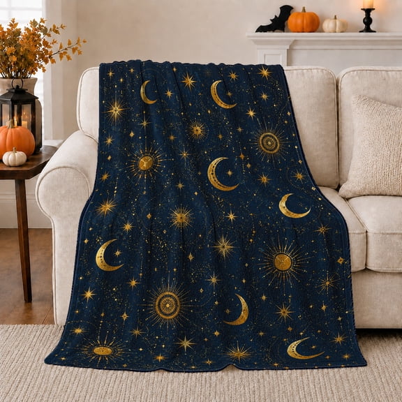 Celestial Sun Moon Stargazing Theme Navy Night Sky, Peaceful Mountain Lake Scene, Warm Flannel Blanket for Cabin and Lodge, Outdoor Lovers Camping Gift, Rustic Home Decor