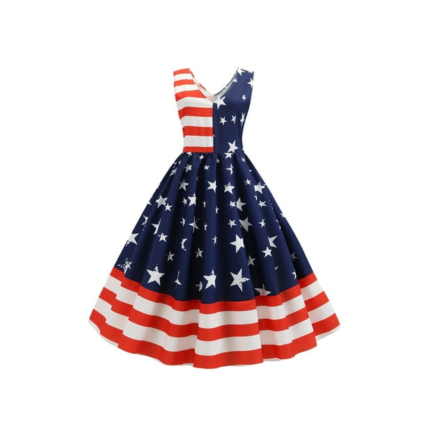 VISgogo Vestido sin mangas casual para mujer Vestido elegante con estampado de estrellas a rayas con dobladillo grande para fiesta de verano VISgogo moda