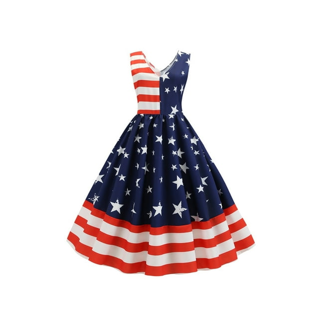 VISgogo Vestido sin mangas casual para mujer Vestido elegante con estampado de estrellas a rayas con dobladillo grande para fiesta de verano VISgogo moda