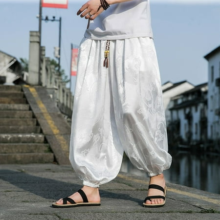 Outdoor Pants Men Ice Silk Dark Flower Loose Bloomers Wide Leg Casual Trousers -White XXL