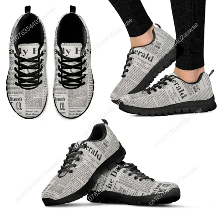

Vintage Newspaper Printing Lace Up Casual Sneaker For Women Fashion Light Walk Flat Shoe Breathable Mesh Footwear