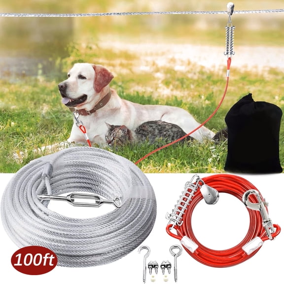 Coalahola 100 ft Dog Tie Out Runner System with 10 ft Lead, Shock Absorbing Spring, Reflective Cable, for Dogs up to 125 lbs
