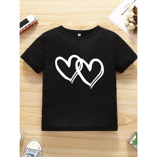 Heart Graphic Print Creative T-Shirts, Soft & Elastic Comfy Crew Neck Short Sleeve Tee, Girls' Summer Tops