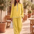 thumbnail image 5 of Szluipve Linen Sets for Women 2 Piece Half Zip Stand Collar 2 Piece Outfits Long Sleeve Contrast Piping Top & High Waist Wide Leg Pants Casual Linen‑Look Matching Set with Pockets Yellow L, 5 of 5