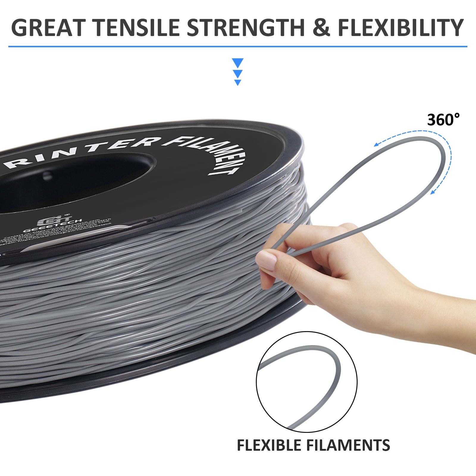 Geeetech 5pcs TPU Filament 1.75mm Flexible Soft 3D Printer Consumables Grey, 5kg Spool (11 lbs.), Dimensional Accuracy +/- 0.03 mm