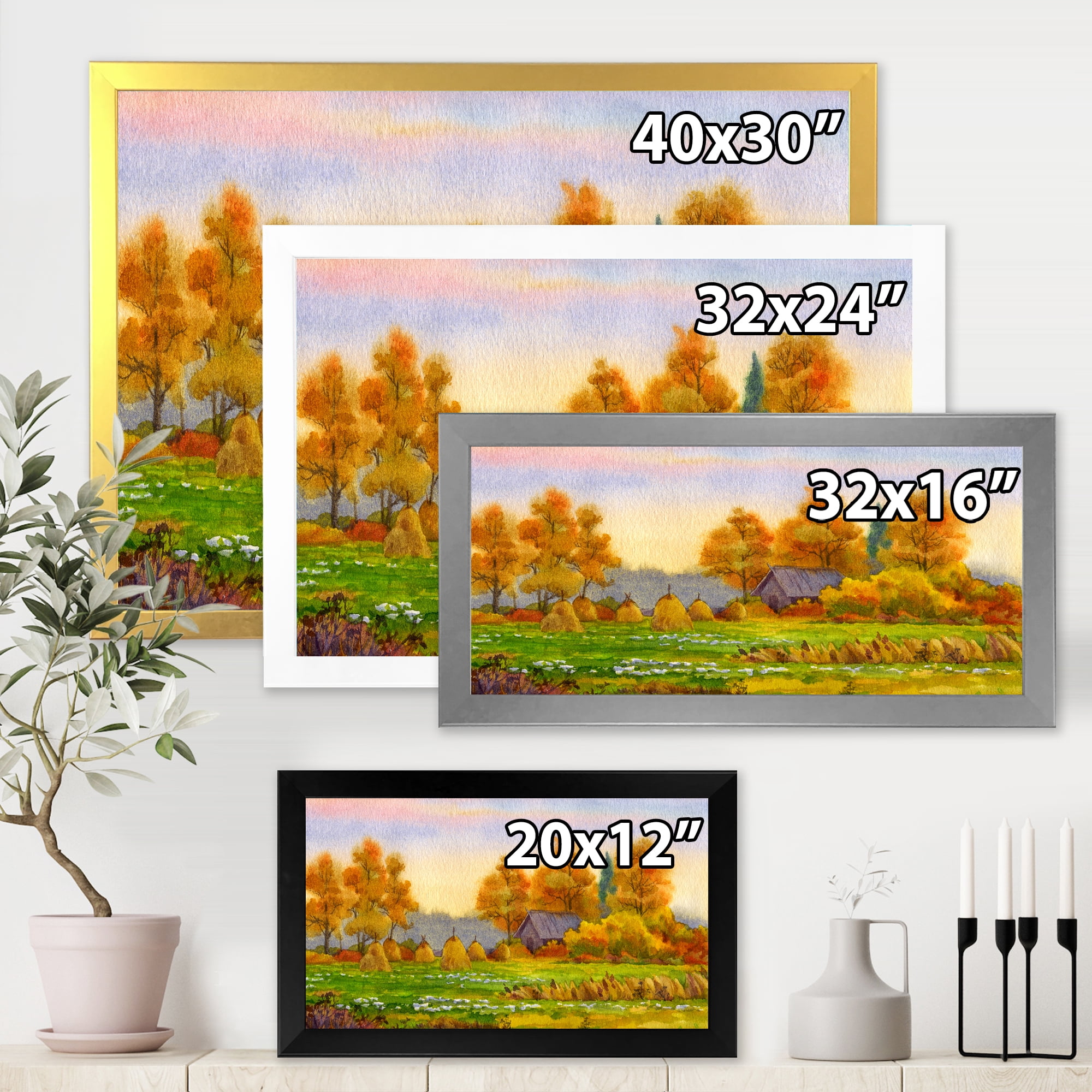 Designart 'Orange Fields With Haystacks I' Lake House Framed Art Print