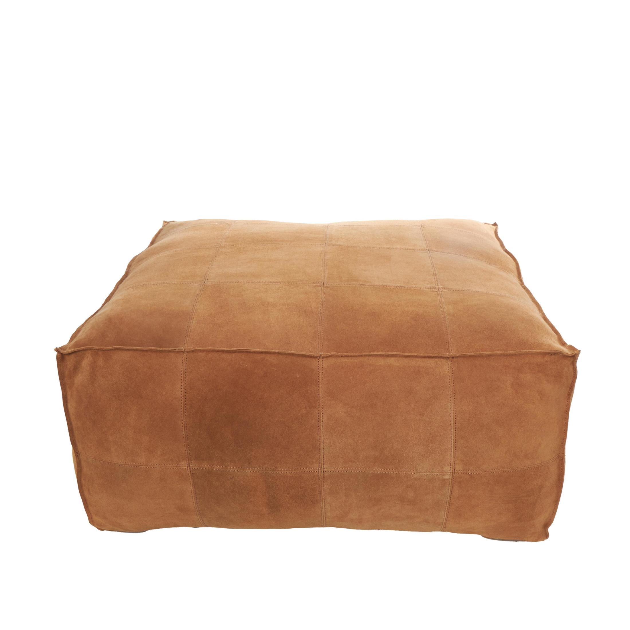 DecMode Patchwork Low Profile Square Brown Leather Pouf with Patchwork Design