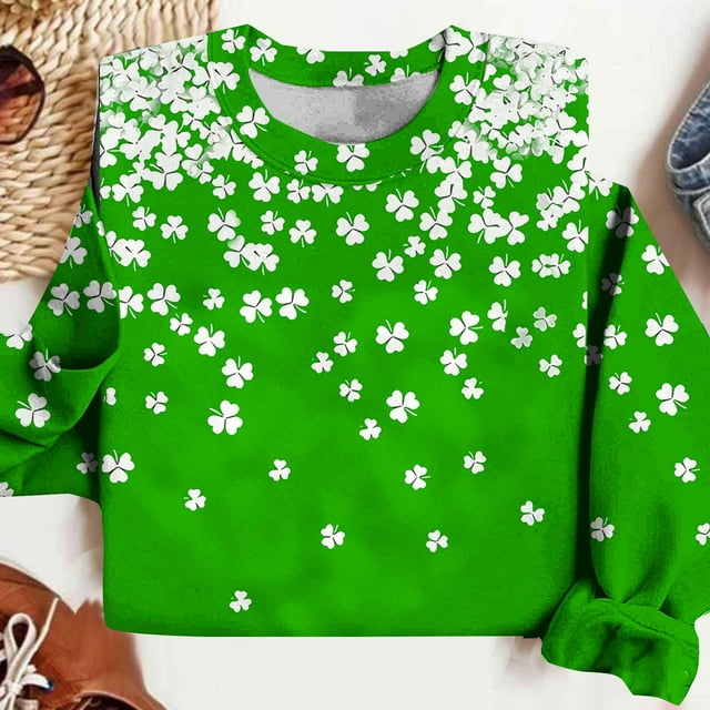 Xuyuer St. Patrick's Day Sweatshirt for Women Irish Shamrock Pullover Shirts Tops Raglan Sleeve Lucky Leaf Clover Shirt Women St. Patrick's Day Sweatshirts