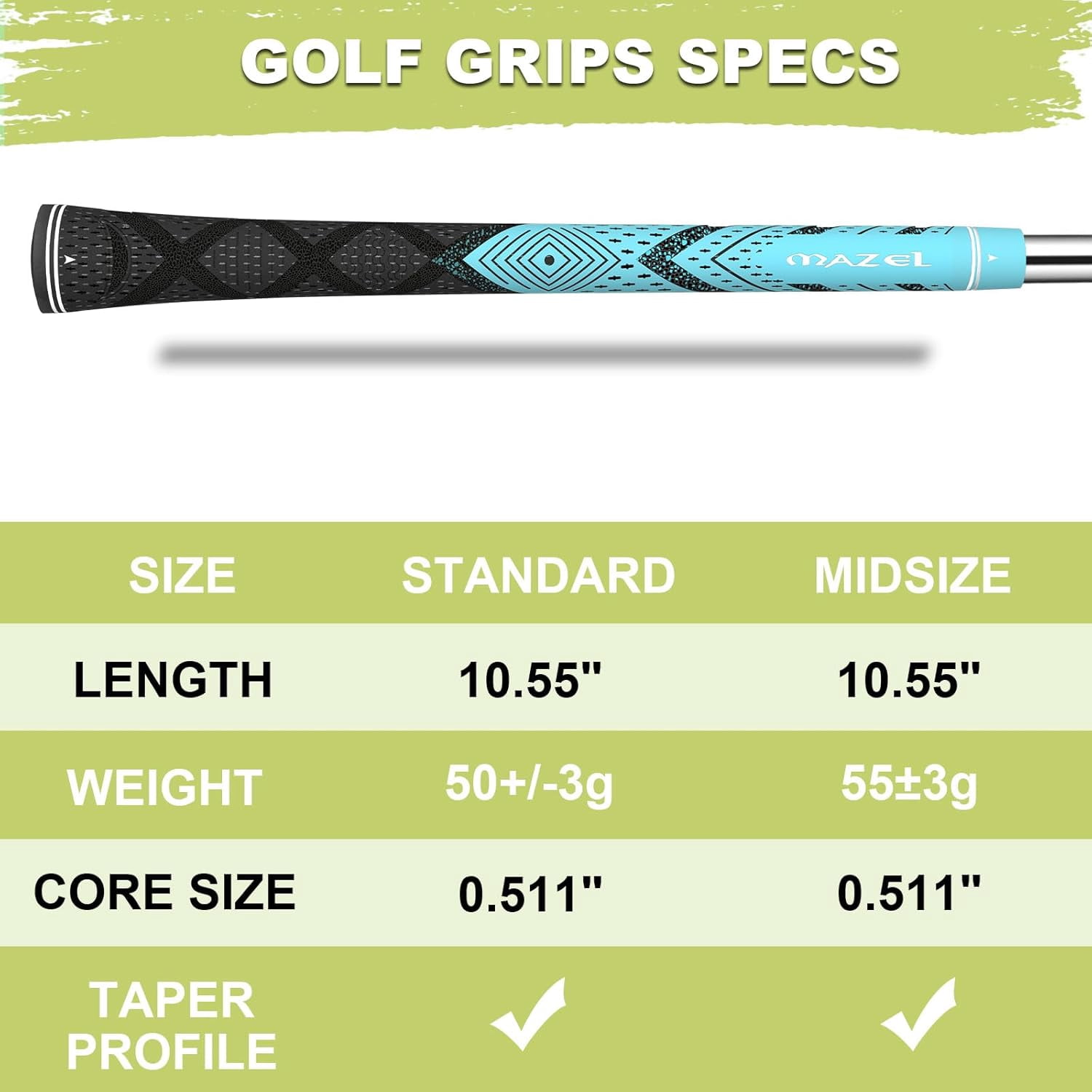 MAZEL Cord Rubber Golf Grips for Men - 10 Pack,All Weather Control Golf Club Grips Standard/Midsize,High Feedback & Traction