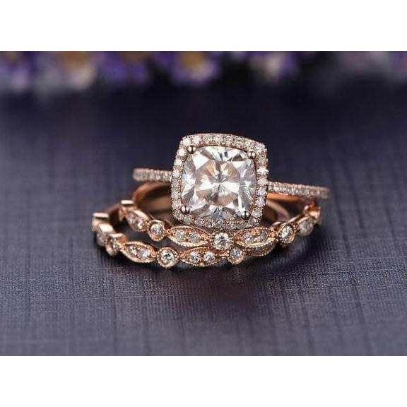 3.05 Carat Cushion Moissanite Diamond Trio Wedding Set with 18k Gold Plating