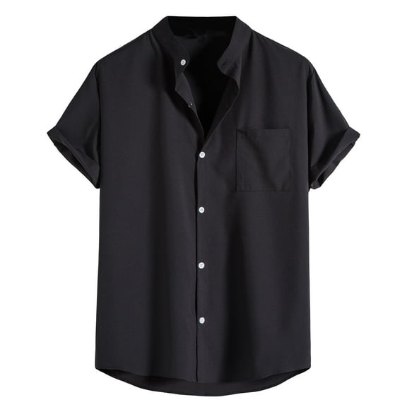 Black Dress Shirts for Men Men's Fashion Casual Short Sleeve Stand Collar Shirt Casual Short Sleeve Stand Collar Shirt Gym Shirts,Black,L