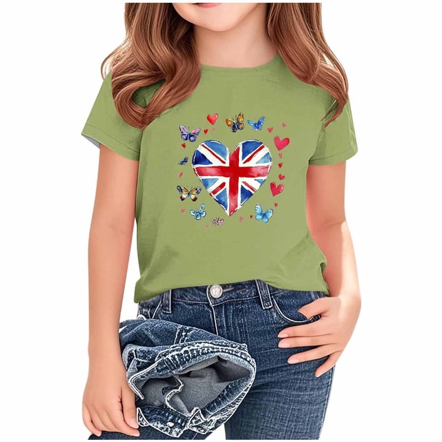 T-Shirt Graphique à Manches Courtes et Col Rond pour Enfants, Imprimé Drapeau Britannique, Mélange Doux de Polyester et Spandex, Haut Décontracté Respirant, Lavable en Machine, pour Garçons et Filles