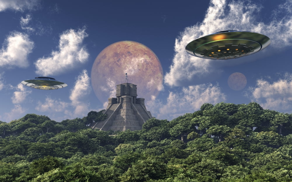 The arrival of planet Nibiru as seen from a Mayan pyramid. Poster Print ...