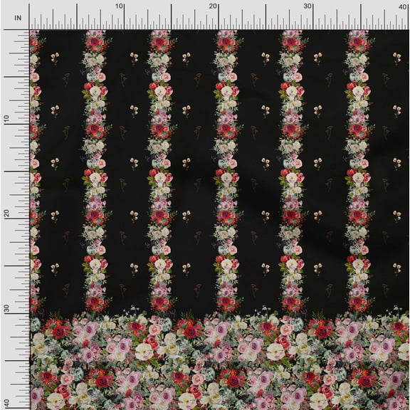 Soimoi Cotton Voile Fabric Leaves & Rose Panel Printed Fabric 1 Yard 42 Inch Wide