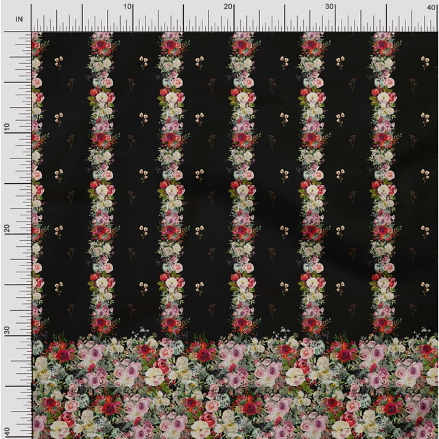 Soimoi Poly Georgette Fabric Leaves & Rose Panel Print Sewing Fabric Yard 42 Inch Wide