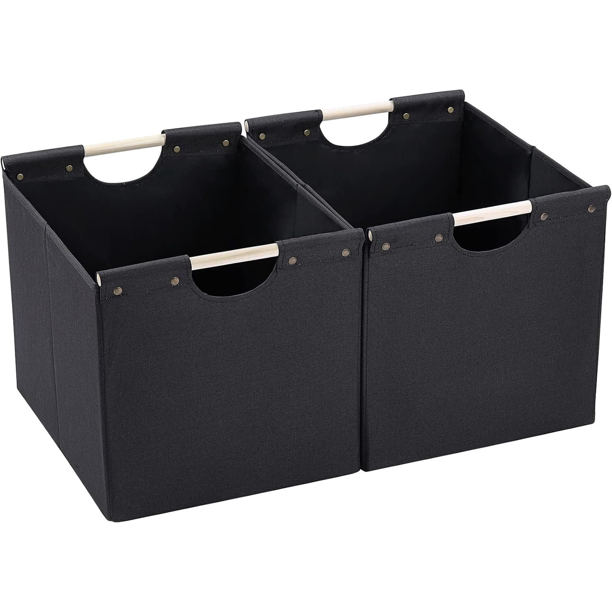 Large Collapsible Storage Bins Linen Fabric Pack of 2 Storage Baskets with Wooden Carry Handles and Sturdy Heavy Cardboard for Office Black