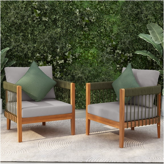 JERFIT Acacia Wood Patio Club Chairs Set of 2 with Removable Cushions, Water-Resistant Boho Garden Lounge Chairs with Handwoven Rope Accents for Porch, Deck, Outdoor