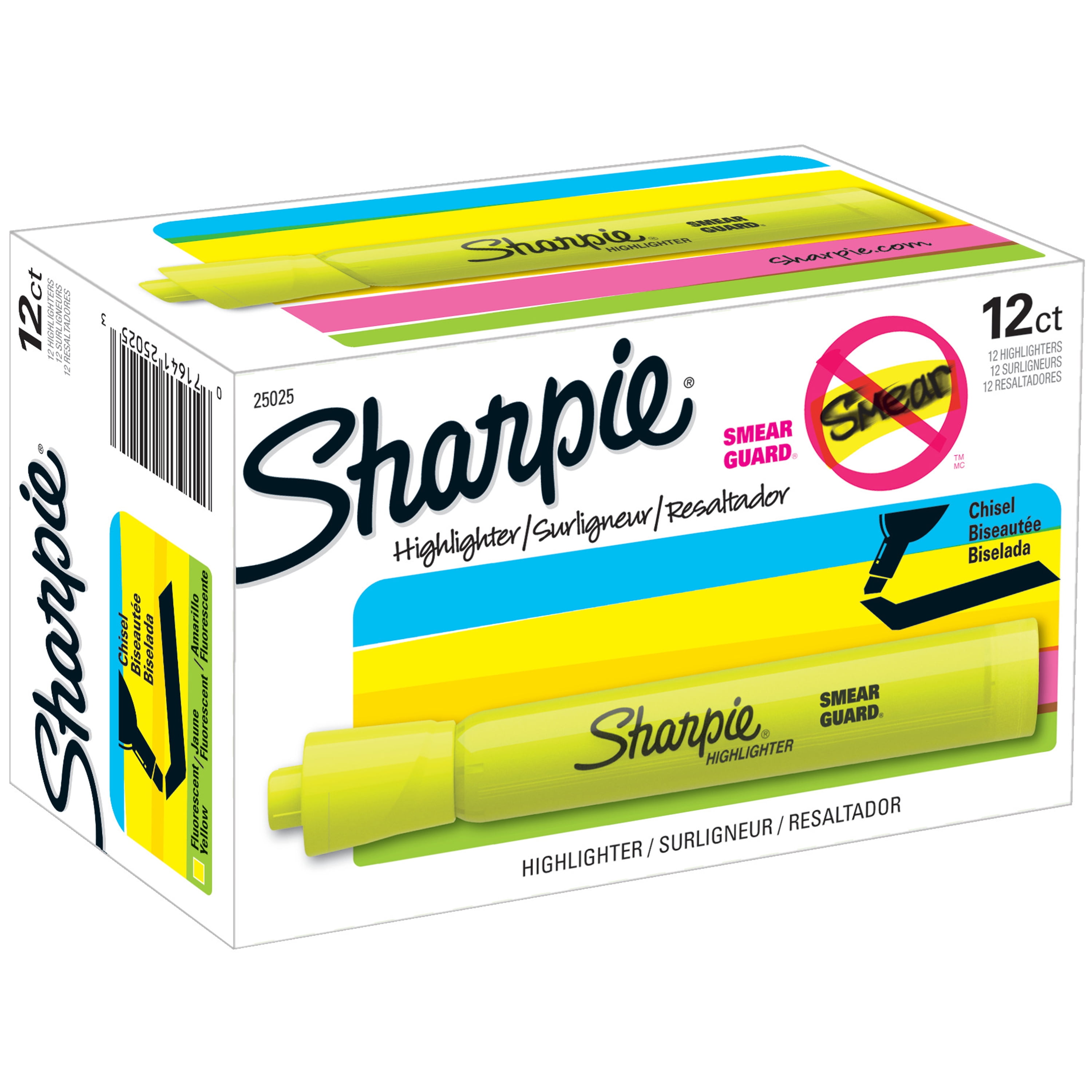 Sharpie Tank Style Highlighters Chisel Tip Fluorescent Yellow SMEAR GUARD Ink 