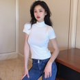 thumbnail image 2 of JANDEL Women's Solid Half Turtleneck Fashion Slim Short Sleeve Knitted T-Shirt, White, One Size, 2 of 9