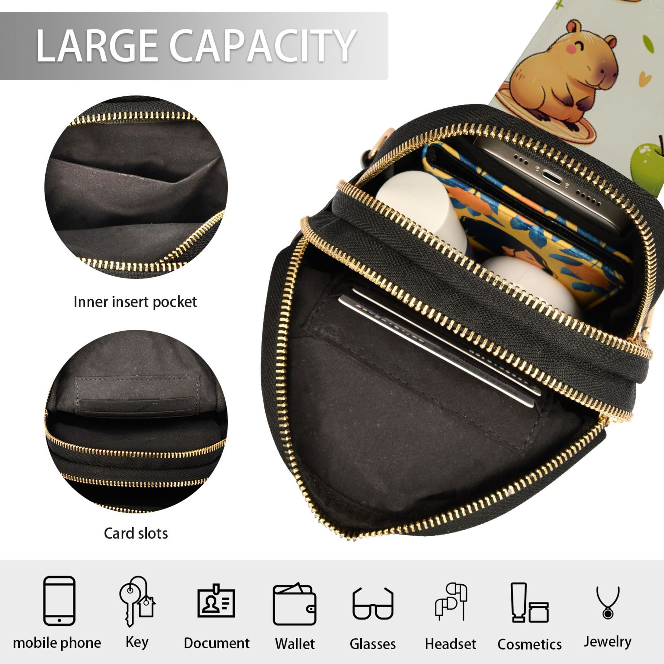 ALAZA Capybara Green Apples Sling Bag for Women Men Waterproof Crossbody Chest Bags
