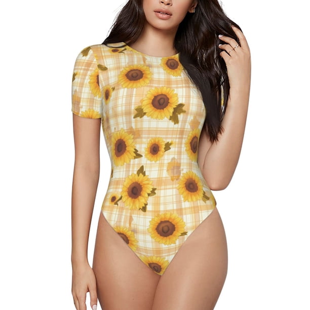 Fotbe Coffee Plaid Sunflower Body de Mujer con Cuello Redondo y Mangas Cortas, Sin Mangas Ajustado, Suave, Cómodo y Básico-Small