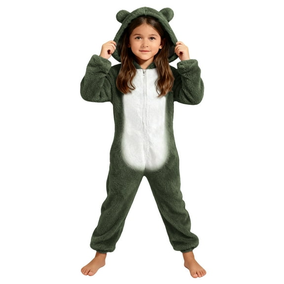 dazeni Girls Fuzzy Fleece Jumpsuit Cozy Zip up Onesie with Cute Bear Hooded Comfy Plush Sherpa Long Sleeve Romper Color Block One Piece Outfits Army Green 10-11 Years