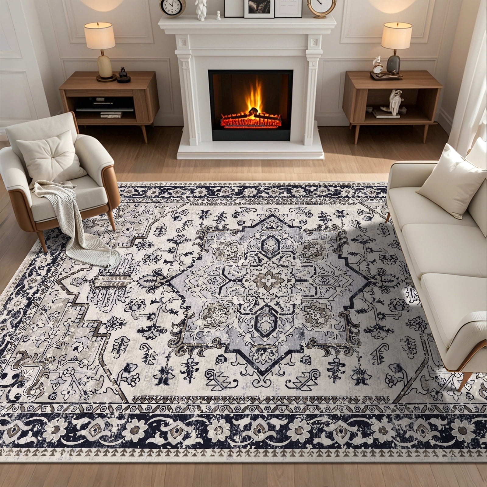LOKHOM 5'x7' Boho Area Rug for Living Room, Non Slip Machine Washable Rugs Vintage Floor Carpet for Bedroom Dinning Room Kitchen, Black Coffee