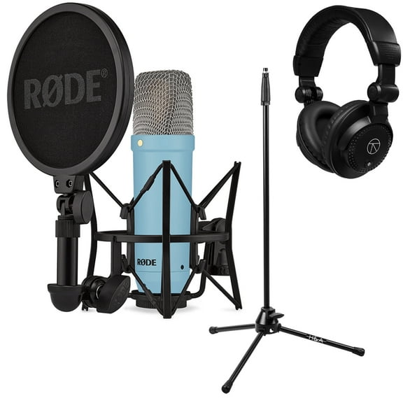 Rode Signature Series NT1 Cardioid Condenser Studio Microphone, Blue, Bundle with H&A Microphone Stand and TAPH100 Studio Monitor Headphones