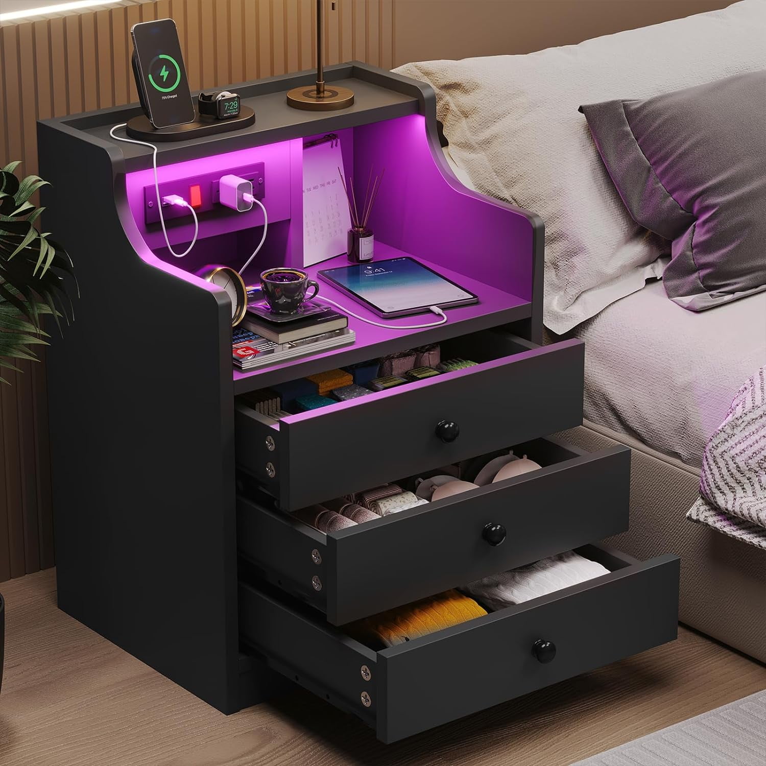 Afuhokles Black Nightstand Set of 2 with LED Light and Charging Station, Modern Bedside Table with Drawers