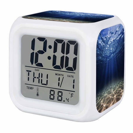Alarm Clocks Ocean Beaches Digital Clock 7 Color LED Night Light Silent Non-Ticking Battery Operated Navy Blue Light Clear Water Cube Clocks Decorative for Bedroom Bedside Living Room Office School