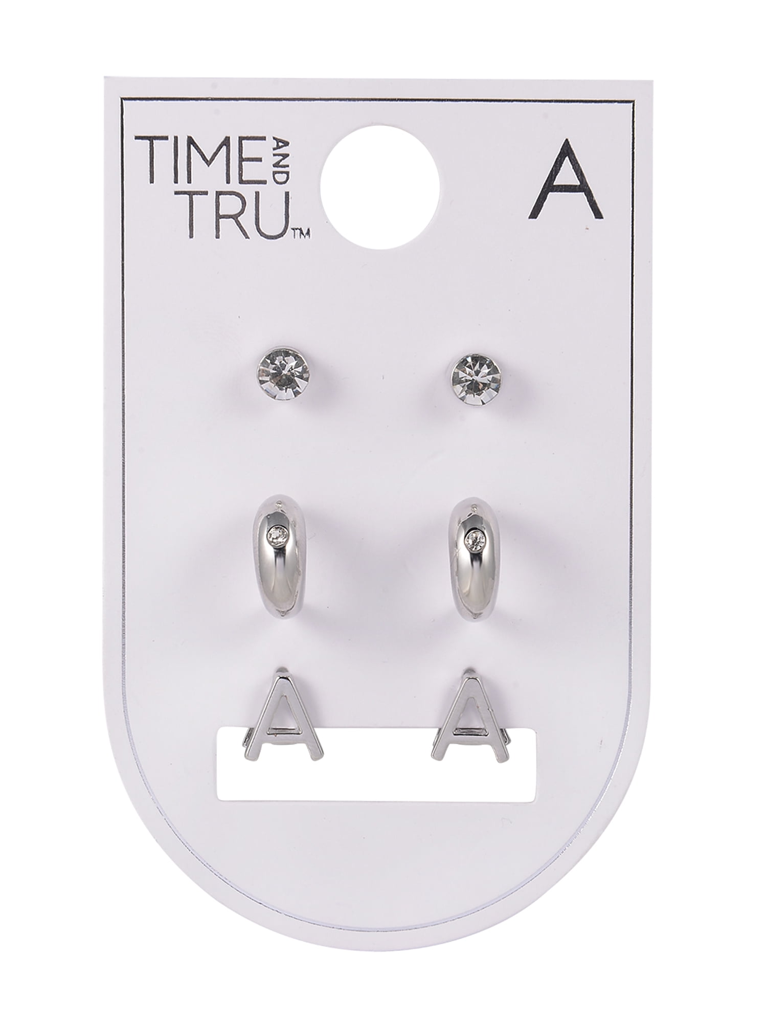 Time and Tru Silvertone 3-On Crystal Stud, Hoop, Initial "A" Earring Set