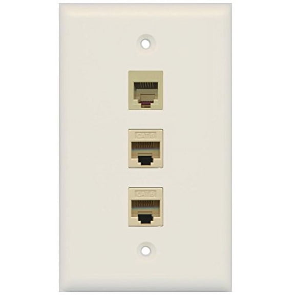 RiteAV - 1 Port Phone RJ11 RJ12 Beige 2 Port Cat6 Ethernet Wall Plate - Light Almond