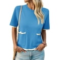 thumbnail image 3 of Color Block Women Short Sleeved Casual Knit Sweater with Pocket, 3 of 6
