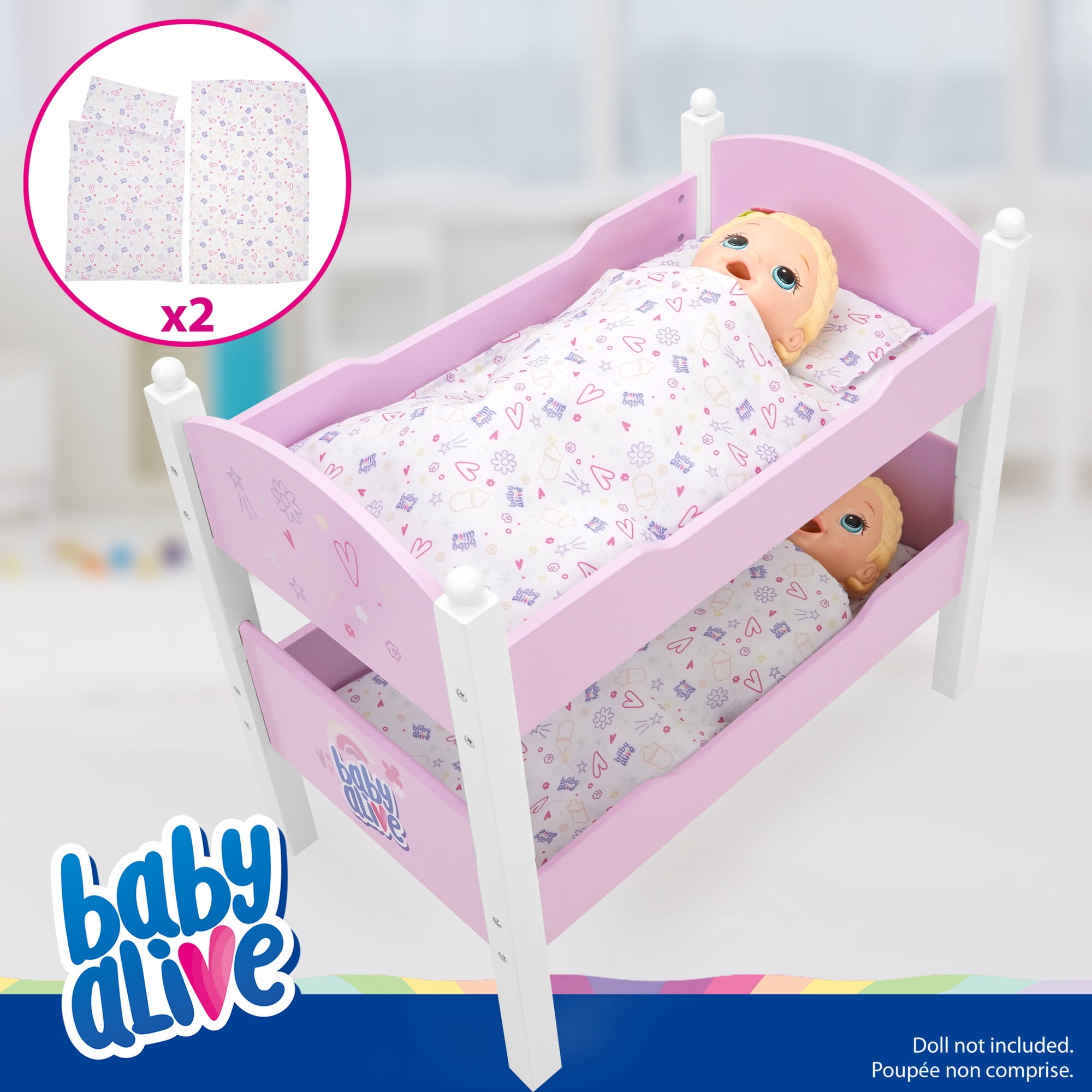 509 Crew: Baby Alive - Wooden Doll Bunk Bed - Pink-White-Purple, Convertible to Single Beds, Blankets & Pillows, Doll Sleep Accessory Toy, Kids 3+