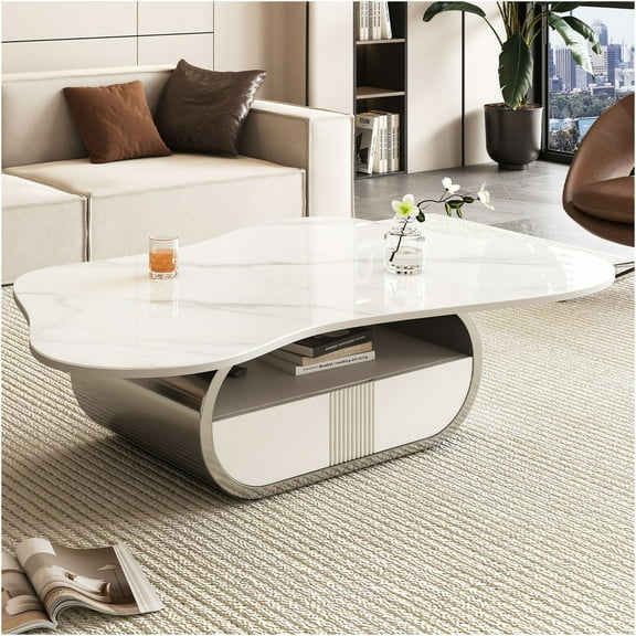 JERFIT Modern Butterfly Coffee Table with Storage, Oval Faux Marble Top, Stainless Steel Base for Living Room